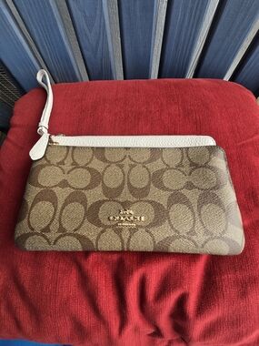 Coach Double Zip Wristlet Brown Signature Canvas with White Trim
